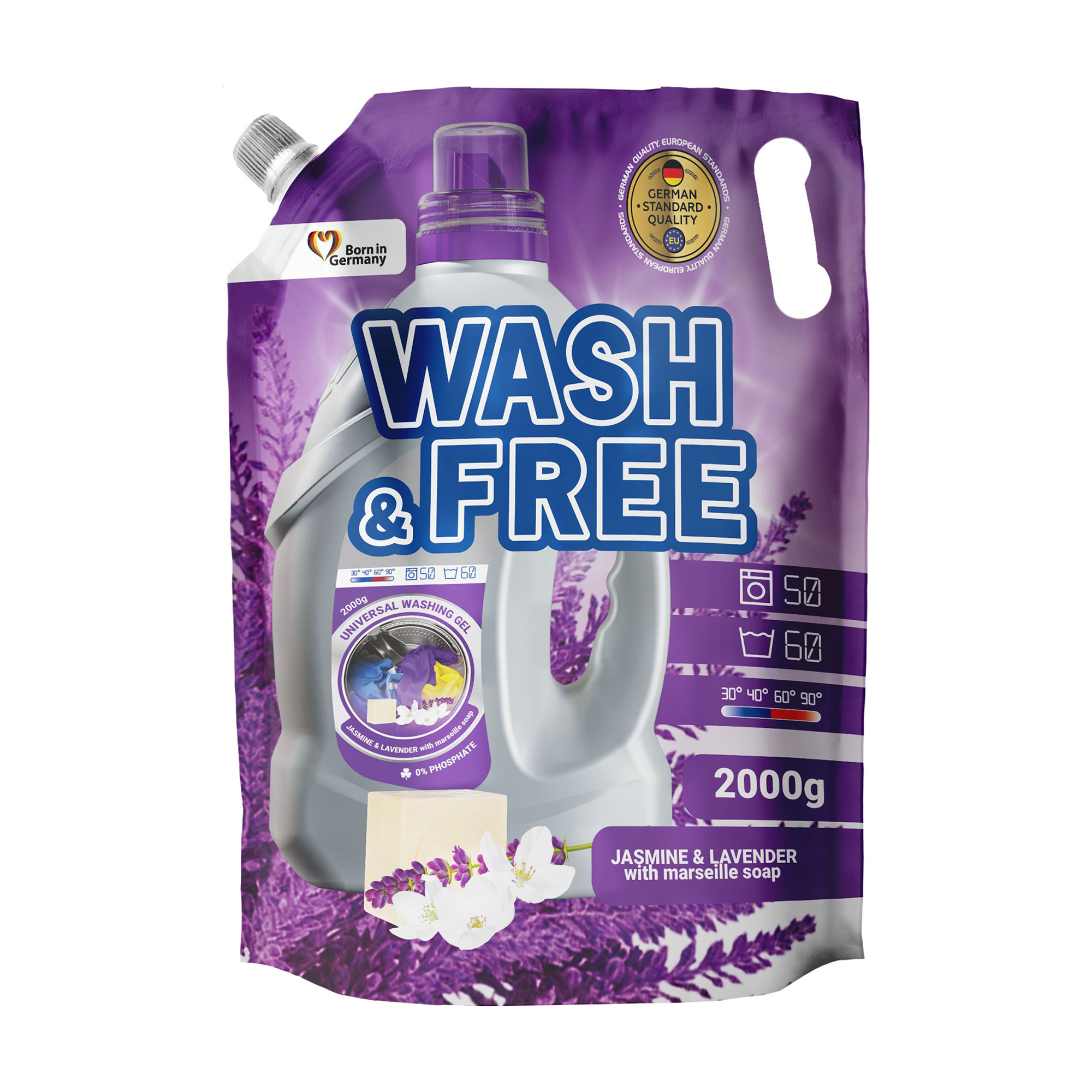 Гель для прання Wash and Free універсальний, з марсельським милом, аромат жасмина та лаванди, 50 циклів прання, 2 кг (дойпак)