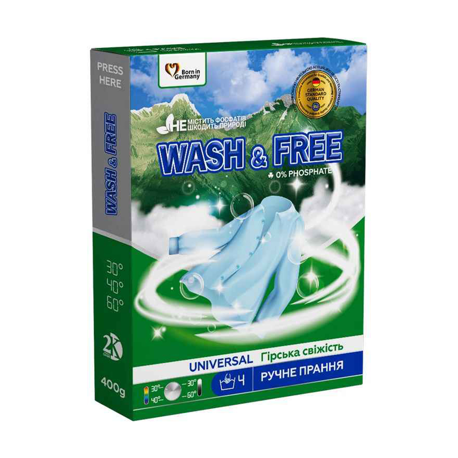 Пральний порошок Wash &amp; Free Гірська свіжість, для ручного прання, 7 циклів прання, 400 г